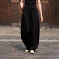 thumbnail image 1 of Maqroz Womens Linen Pants Casual with Drawstring Cotton Baggy Pants Elastic Waist Vintage Wide Leg Harem Pants Lightweight Boho Loose Lantern Trousers with Pockets Black XL, 1 of 6