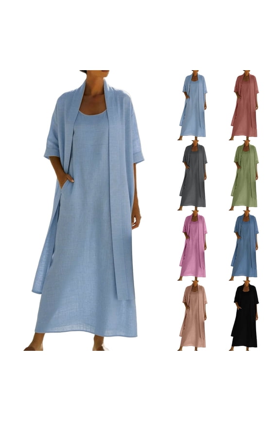 Womens Linen Two Piece Set Cardigan Plus Cami Maxi Dress Casual Summer Outfit Sundress Blue XXXL