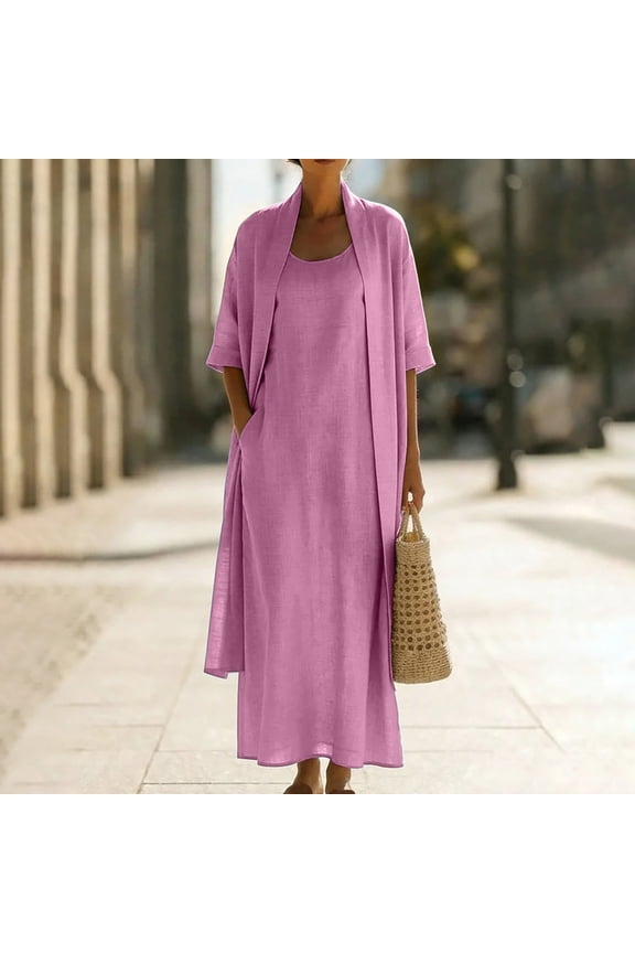 Womens Linen Two Piece Set Cardigan Plus Cami Maxi Dress Casual Summer Outfit Sundress Hot Pink XXXL