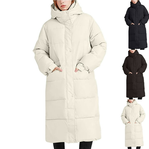 Maqroz Womens Long Coat Full Zip Stand Collar Coats Knee Length Padded Jacket Causal Quilted Down Jackets Fall Winter Thick Hooded Outerwear with Pockets