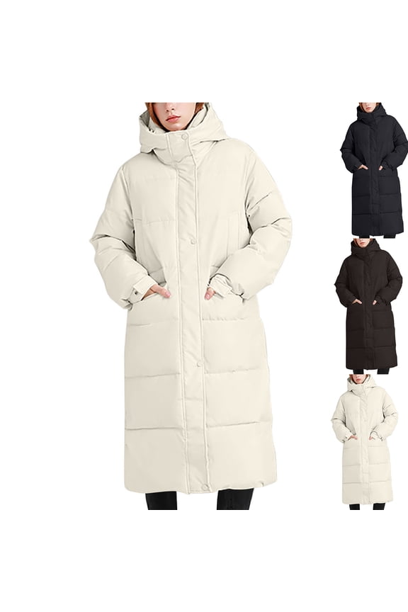 Womens Long Coat Full Zip Stand Collar Coats Knee Length Padded Jacket Causal Quilted Down Jackets Fall Winter Thick Hooded Outerwear with Pockets