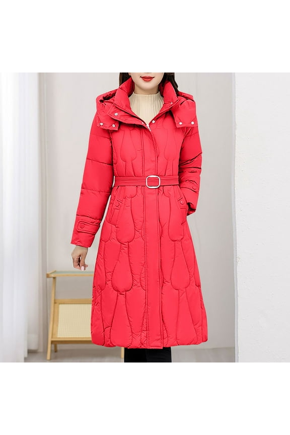 Womens Long Down Jacket Thick Winter Coats Warm Cotton Padded Hooded Quilted Puffer Jackets Zip Up Trendy Going Out Parkas Down Jacket Outerwear, Red XL