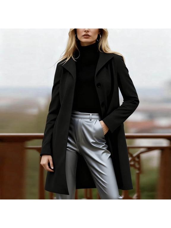 Womens Mid Length Trench Coat Single Breasted Notch Lapel Fall Winter Windbreaker Casual Business Formal Overcoat Outerwear with Slant Pockets, (Black,S)
