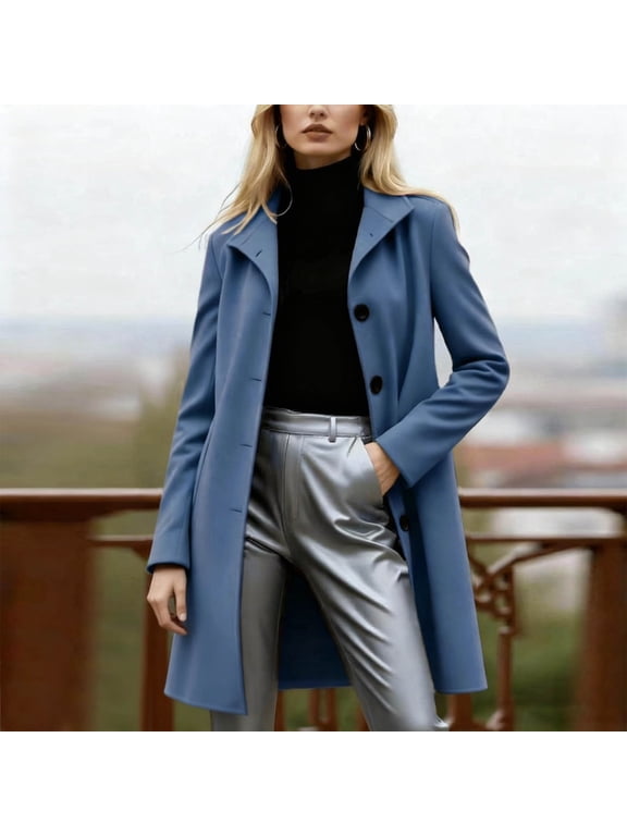 Womens Mid Length Trench Coat Single Breasted Notch Lapel Fall Winter Windbreaker Casual Business Formal Overcoat Outerwear with Slant Pockets, (Dark Blue,XXXL)