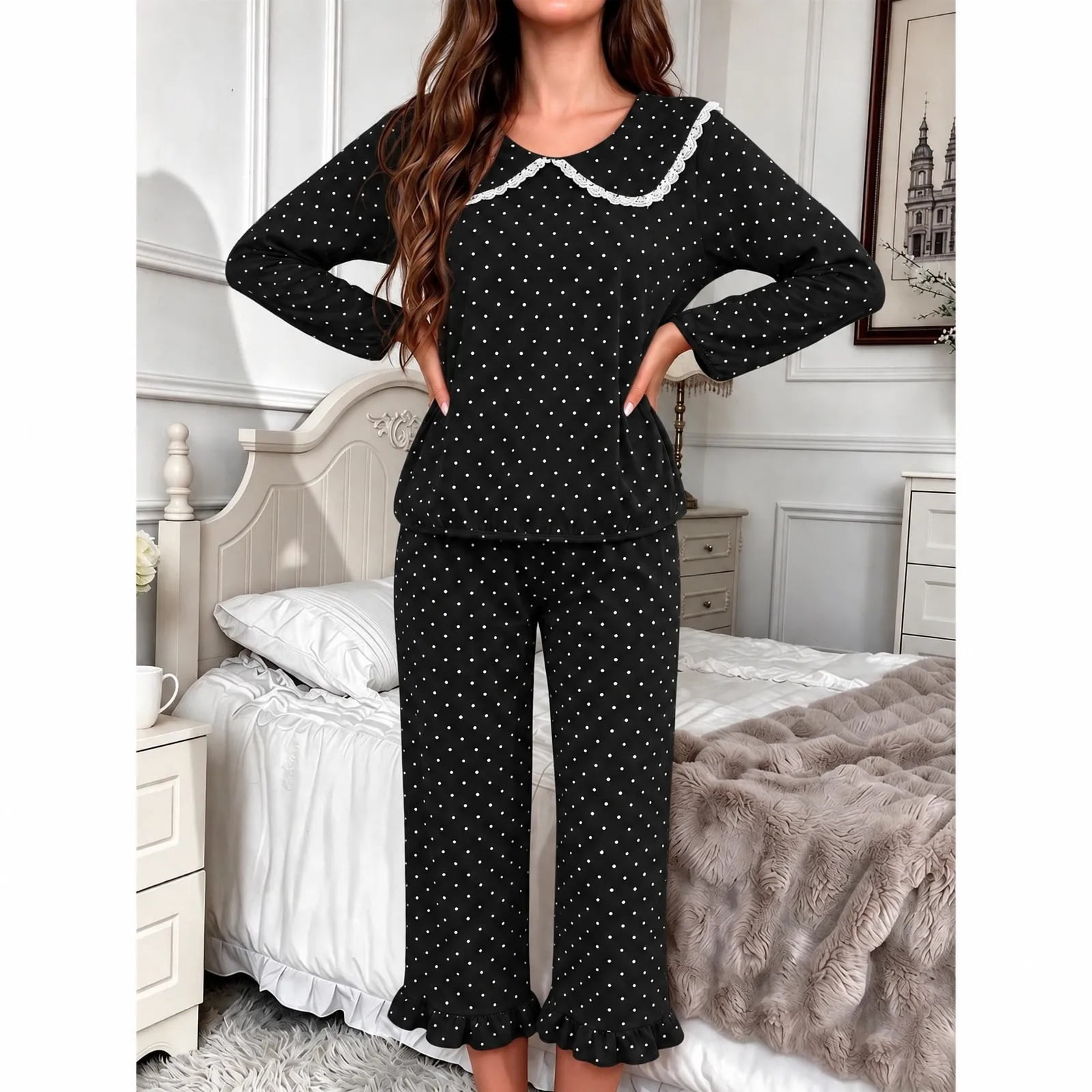 Maqroz Womens Pajamas Cute Polka Dot Lace Collar Button Down Long ...