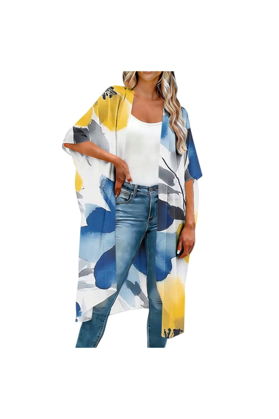 Womens Plus Size Kimono Cardigan Short Sleeve Beach Cover Up Loose Open Front Duster Lightweight Summer Swimwear Tops