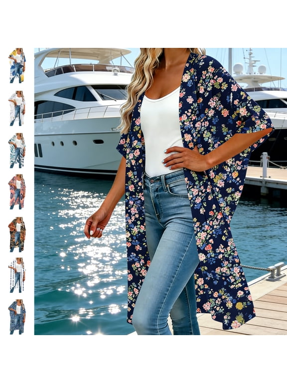 Womens Plus Size Kimono Cardigan Short Sleeve Beach Cover Up Loose Open Front Duster Lightweight Summer Swimwear Tops