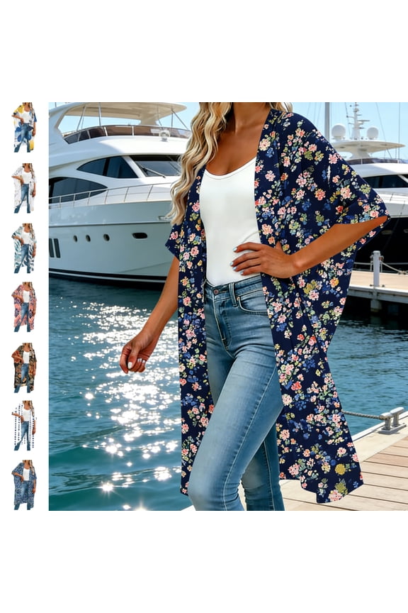 Womens Plus Size Kimono Cardigan Short Sleeve Beach Cover Up Loose Open Front Duster Lightweight Summer Swimwear Tops