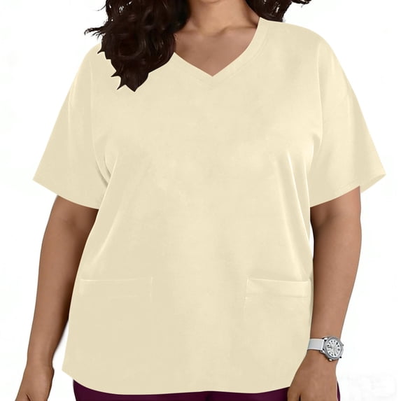 Maqroz Womens Plus Size Scrub Tops Stretchy V Neck Oversized T Shirts with Pocket Short Sleeve Solid Casual Summer Blouses Loose Fit 2026 Beige L