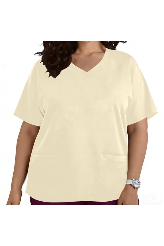 Womens Plus Size Scrub Tops Stretchy V Neck Oversized T Shirts with Pocket Short Sleeve Solid Casual Summer Blouses Loose Fit 2026 Beige XL
