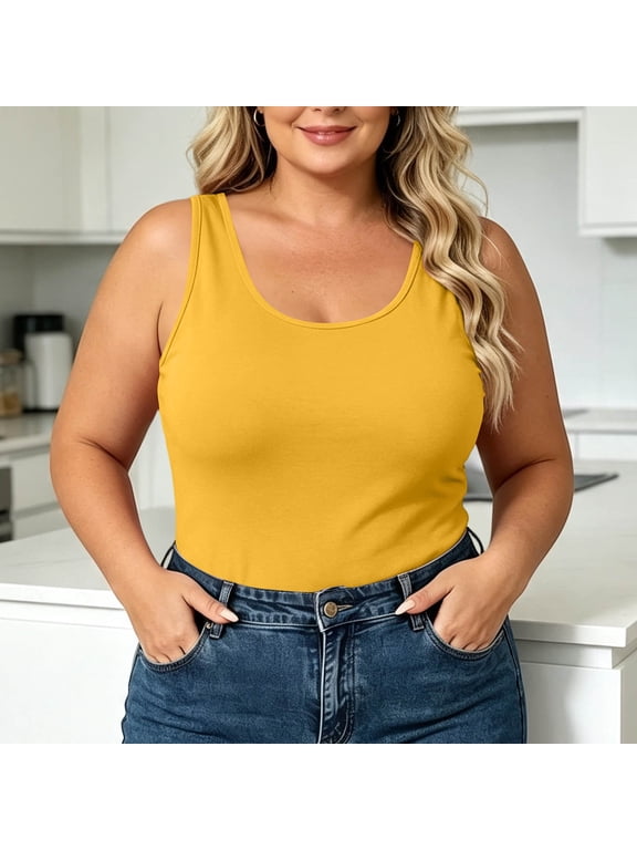 Womens Plus Size Tank Tops Sleeveless Scoop Neck Undershirt Ribbed Cami Shirts Wide Strap Basic Base Layer Vest Casual Daily Wear Clothes for Summer Beach