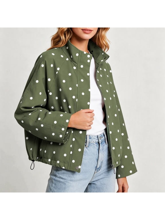 Womens Polka Dot Jackets Long Sleeve Full Zip Up Stand Collar Coat Lightweight Fall Casual Daily Fashion Windbreaker Outerwear with Pockets