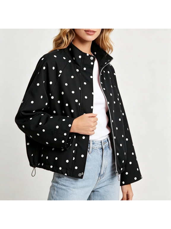 Womens Polka Dot Jackets Long Sleeve Full Zip Up Stand Collar Coat Lightweight Fall Casual Daily Fashion Windbreaker Outerwear with Pockets