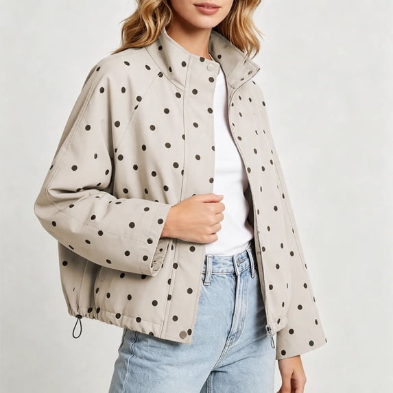 Maqroz Womens Polka Dot Jackets Long Sleeve Full Zip Up Stand Collar Coat Lightweight Fall Casual Daily Fashion Windbreaker Outerwear with Pockets