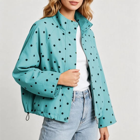 Maqroz Womens Polka Dot Jackets Long Sleeve Full Zip Up Stand Collar Coat Lightweight Fall Casual Daily Fashion Windbreaker Outerwear with Pockets