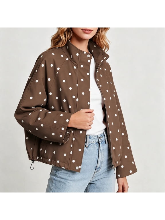 Womens Polka Dot Jackets Long Sleeve Full Zip Up Stand Collar Coat Lightweight Fall Casual Daily Fashion Windbreaker Outerwear with Pockets