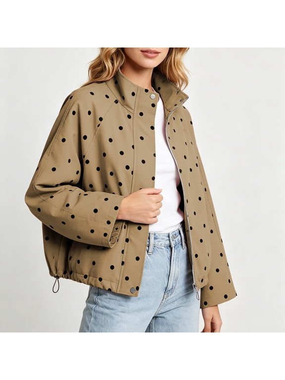 Womens Polka Dot Jackets Long Sleeve Full Zip Up Stand Collar Coat Lightweight Fall Casual Daily Fashion Windbreaker Outerwear with Pockets