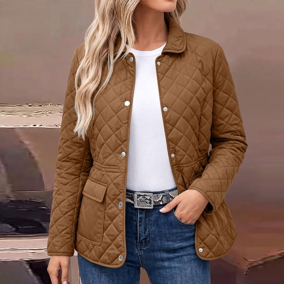 Maqroz Womens Quilted Jackets Button Down Long Sleeve Fall Outerwear Collared Winter Warm Barn Coats Casual Ladies Outer Clothes with Pockets