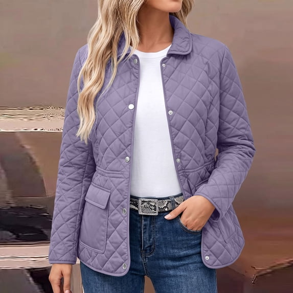 Maqroz Womens Quilted Jackets Button Down Long Sleeve Fall Outerwear Collared Winter Warm Barn Coats Casual Ladies Outer Clothes with Pockets