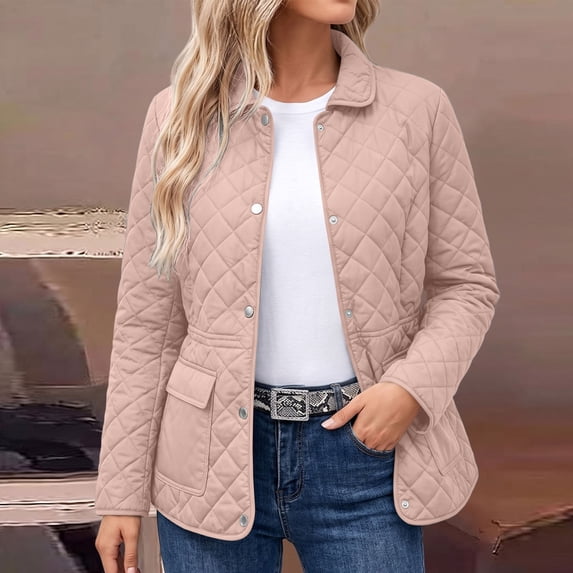 Maqroz Womens Quilted Jackets Button Down Long Sleeve Fall Outerwear Collared Winter Warm Barn Coats Casual Ladies Outer Clothes with Pockets