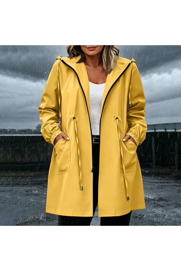 Womens Rain Coat with Hood Adjustable Cinch Waist Long Windbreaker Large Patch Pockets Zip Front Lightweight Trench Outerwear Fall Summer Safari Style Urban Utility