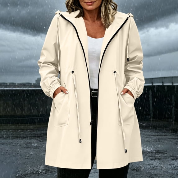 Maqroz Womens Rain Coat with Hood Adjustable Cinch Waist Long Windbreaker Large Patch Pockets Zip Front Lightweight Trench Outerwear Fall Summer Safari Style Urban Utility