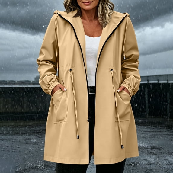 Maqroz Womens Rain Coat with Hood Adjustable Cinch Waist Long Windbreaker Large Patch Pockets Zip Front Lightweight Trench Outerwear Fall Summer Safari Style Urban Utility