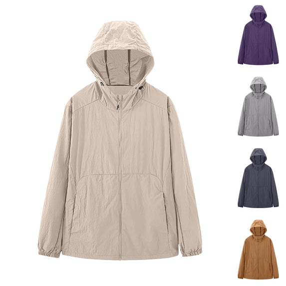 Maqroz Womens Rash Guard Long Sleeve Sun Protection Jackets Lightweight Adjustable UPF 50+ Full Zip Athletic Jacket Hooded Quick Dry Waterproof Shirts with Pockets for Hiking Outdoor Khaki S