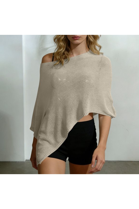 Womens Sheer Poncho Shrug Sun Protection Long Sleeve Lightweight Knit Ruffle Pullover Sweater Top Asymmetric Loose Knit Summer Beach Cover Ups Khaki Free Size