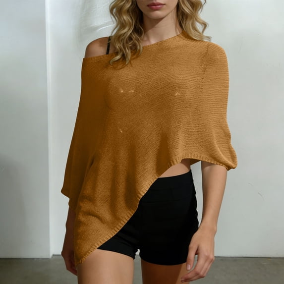Maqroz Womens Sheer Poncho Shrug Sun Protection Long Sleeve Lightweight Knit Ruffle Pullover Sweater Top Asymmetric Loose Knit Summer Beach Cover Ups Yellow Free Size