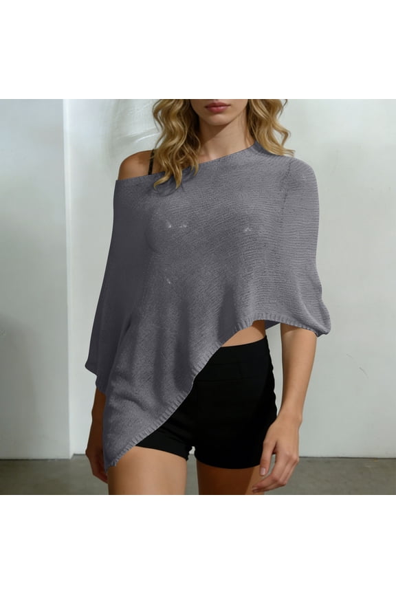 Womens Sheer Poncho Shrug Sun Protection Long Sleeve Lightweight Knit Ruffle Pullover Sweater Top Asymmetric Loose Knit Summer Beach Cover Ups Gray Free Size