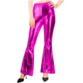 thumbnail image 1 of Maqroz Womens Shiny Metallic Disco Pants Elastic High Waist Bell Bottom Stretchy Sequins Flared Pants Fashion Clubwear Hot Pink L, 1 of 7