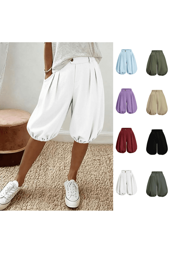 Womens Shorts Casual Summer Knee Length Bottoms High Waisted Balloon Bloomer Trousers Elastic Bubble Hem Detail Dressy Slant Pockets Vacation Attire