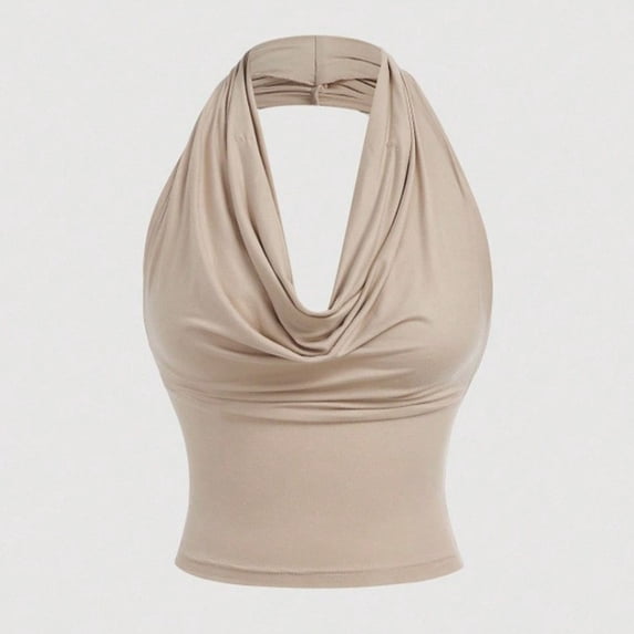 Maqroz Womens Sleeveless Draped Halter Top Cowl Neck Stretchy Knit Solid Color Cami 3-Way Wear Tops for Elegant Evening Silhouette & Casual Wear