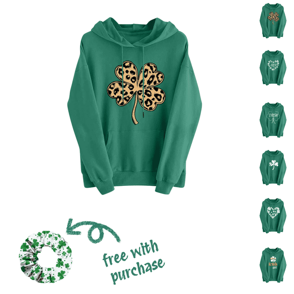 Maqroz Womens St Patricks Day Hoodie Long Sleeve Irish Green Shamrock Print Loose Casual Pullover Soft Lightweight Drawstring Top Holiday Parade Scrunchie Included