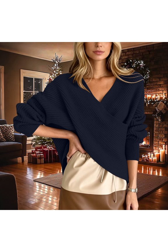 Womens Sweaters Long Sleeve Deep V Neck Wrap Front Ribbed Knit Pullover Drop Shoulder Slouchy Batwing Cropped Jumper Elegant Chic Fall Winter Knitted Tops