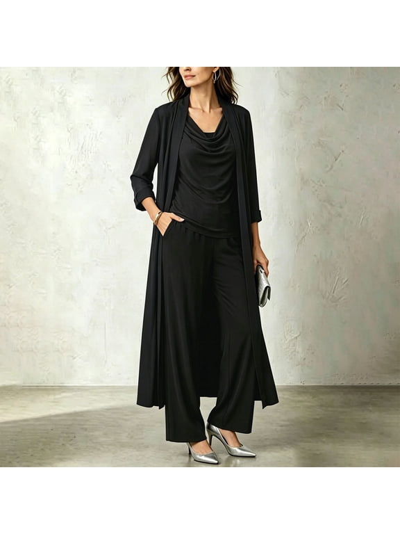 Womens Three Piece Lounge Sets Open Front Long Cardigan Dusters Cowl Neck Sleeveless Tops Flowy Wide Leg Pants Elegant Casual Matching Sweatsuits for Evening Gatherings