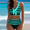 thumbnail image 1 of Maqroz Womens Two Piece High Waisted Bikini Set Wide Strap Striped Pattern Front Bow Detail Modest Summer Swimwear for Beach Vacation, 1 of 3