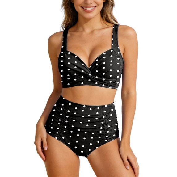 Maqroz Womens Two Piece High Waisted Polka Dot Bikini Set Twist Front Wide Shoulder Straps Ruched Bottom Summer Swimwear for Beach Vacation