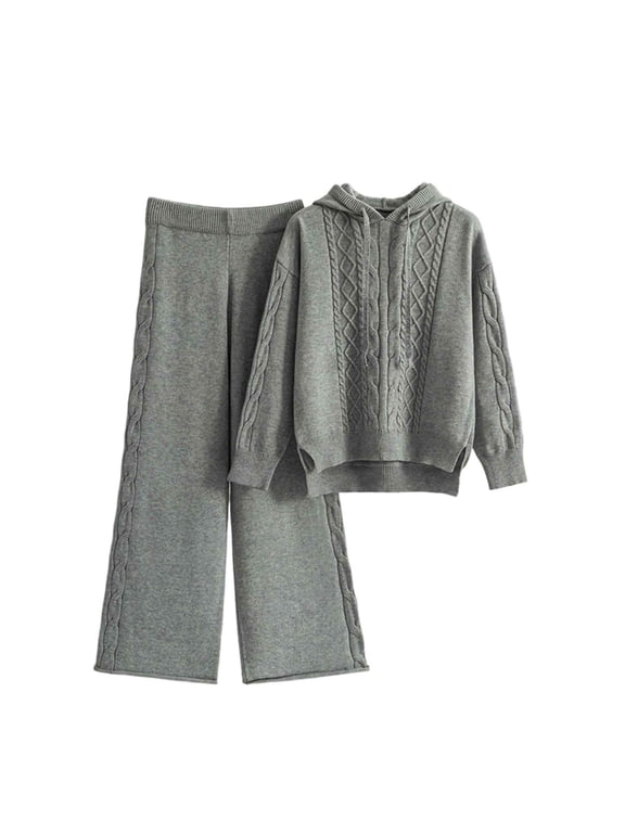 Womens Two Piece Lounge Sets Cable Knit Pullover Hoodie Sweaters Wide Leg Pants Matching Outfit Casual Streetwear Winter Warm Outfits