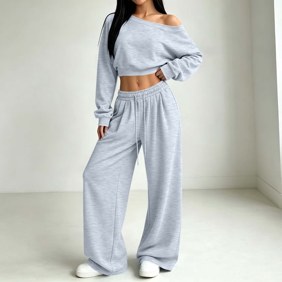 Maqroz Womens Two Piece Lounge Sets Off Shoulder Cropped Sweatshirts Wide Leg Pants Sweatsuit Outfits Matching Casual Y2K Streetwear