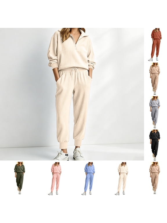 Womens Two Piece Lounge Sets Ribbed Knit Half Zip Pullover Sweatshirts Drawstring Jogger Pants Matching Sweatsuits Casual Streetwear for Weekend Relaxing