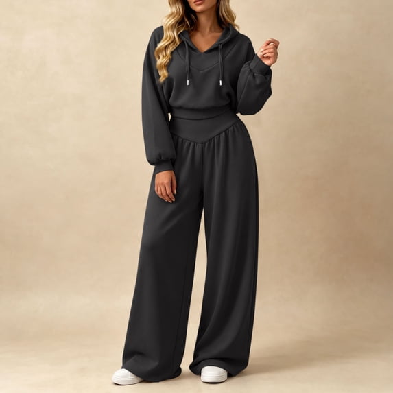 Maqroz Womens Two Piece Lounge Sets V Neck Pullover Hoodie Sweatshirts Wide Leg Pants Casual Matching Tracksuits Trendy Athletic Sweatsuits for Casual Coffee Dates