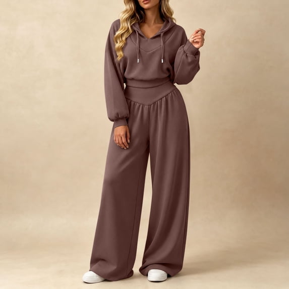 Maqroz Womens Two Piece Lounge Sets V Neck Pullover Hoodie Sweatshirts Wide Leg Pants Casual Matching Tracksuits Trendy Athletic Sweatsuits for Casual Coffee Dates