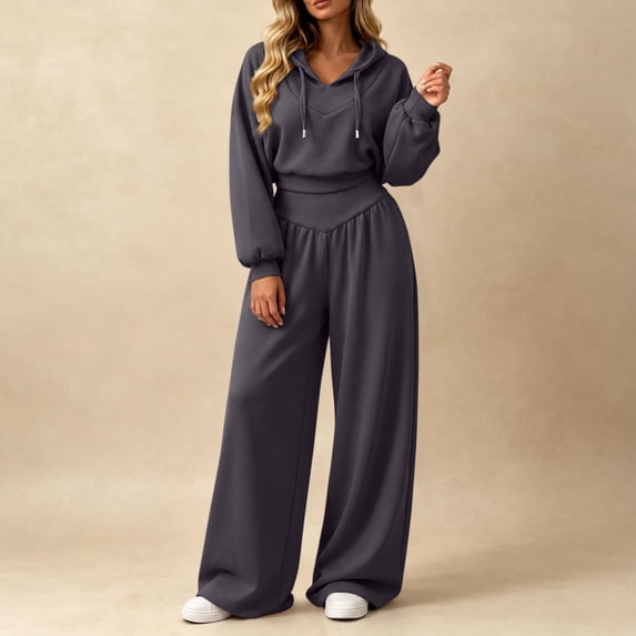 Maqroz Womens Two Piece Lounge Sets V Neck Pullover Hoodie Sweatshirts Wide Leg Pants Casual Matching Tracksuits Trendy Athletic Sweatsuits for Casual Coffee Dates