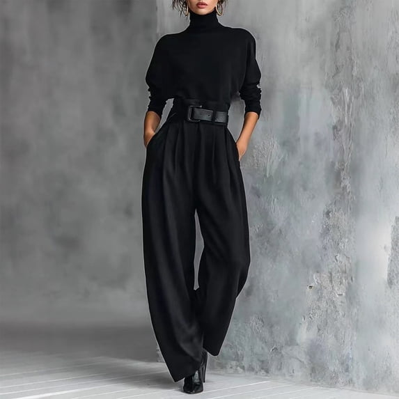 Maqroz Womens Two Piece Outfits Turtleneck Long Sleeve Pullover and High Waist Wide Leg Pants Elegant Office Business Casual Matching Sets