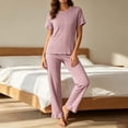 thumbnail image 1 of Maqroz Womens Two Piece Pajama Sets Textured Knit Short Sleeve Tops Straight Leg Pants Casual Solid Sleepwear Cozy Loungewear Set for Lazy Weekends, 1 of 8