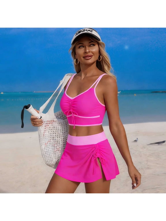 Womens Two Piece Skort Swimsuit Double Spaghetti Straps Front Ruched Contrast Trim Drawstring Split Hem Lightweight Breathable Summer Athletic Swimwear for Beach Tennis Water Sports
