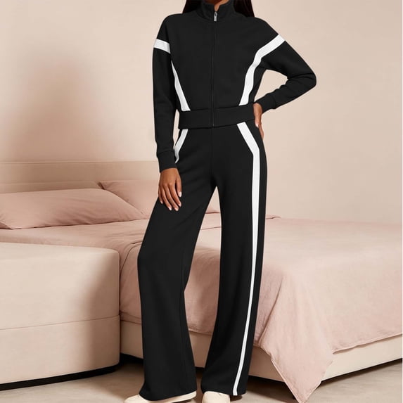 Maqroz Womens Two Piece Tracksuits Contrast Panel Zip Up Jacket High Waisted Wide Leg Pants Matching Sets Athletic Activewear Outfits