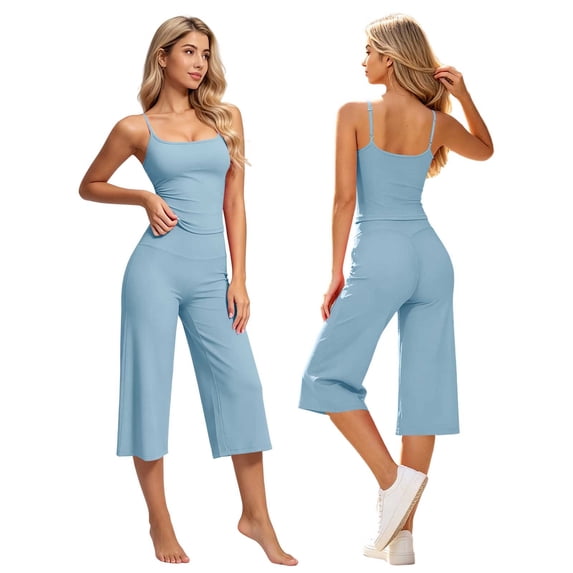 Maqroz Womens Two Piece Workout Sets Spaghetti Strap Camisole Crop Tops High Waisted Capri Pants Matching Yoga Outfits Activewear Gym Suits for Morning Running